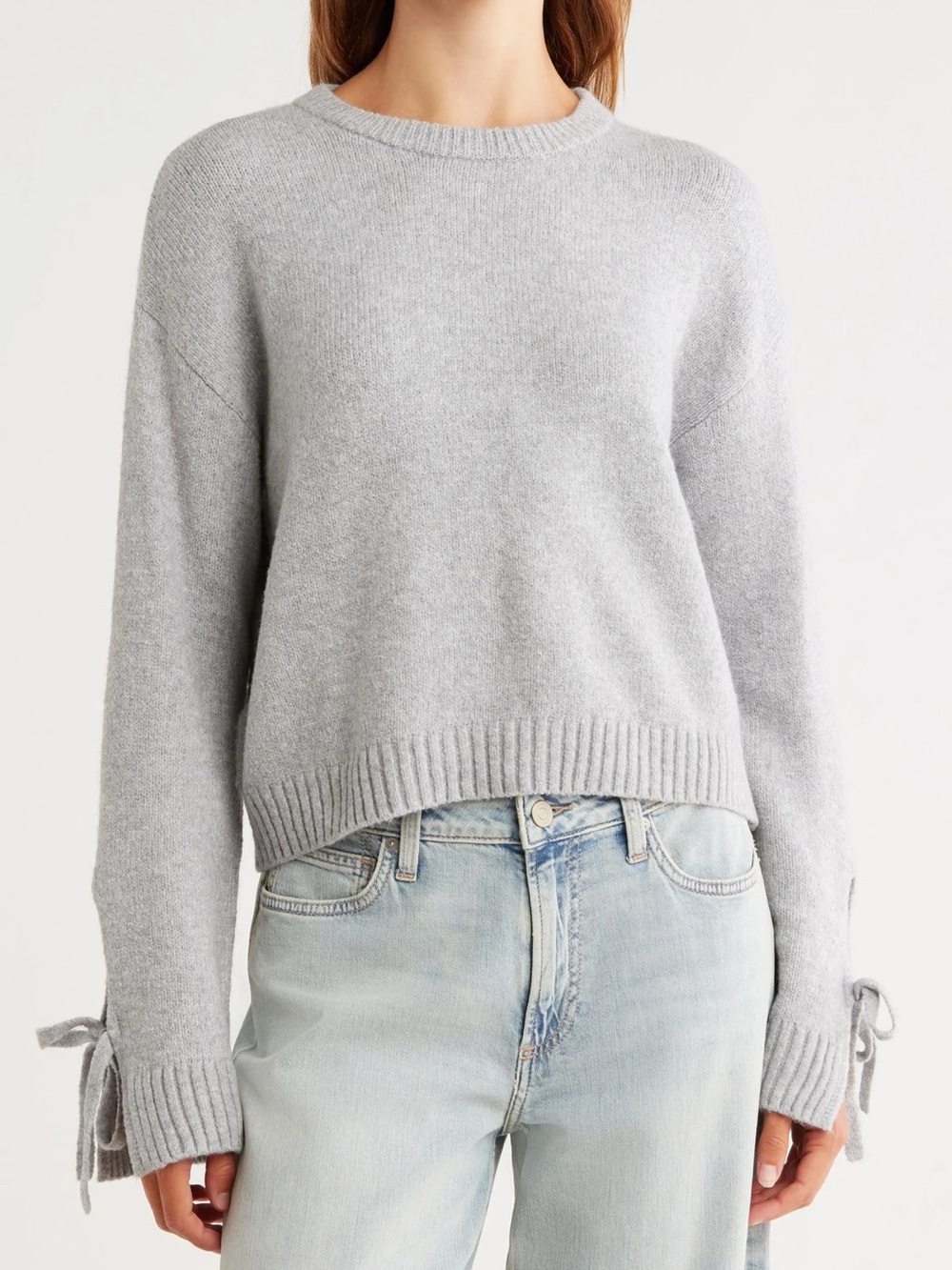 Abound Light Gray Crewneck Sweater with Cuff Ties